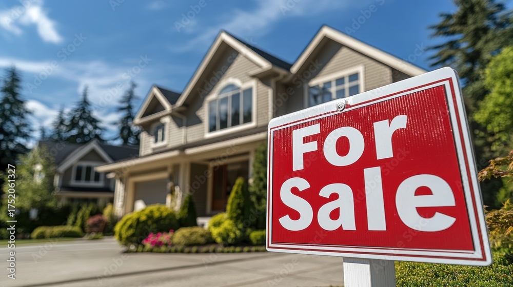 Obraz premium House for sale sign, suburban home blurred in background, sunny day