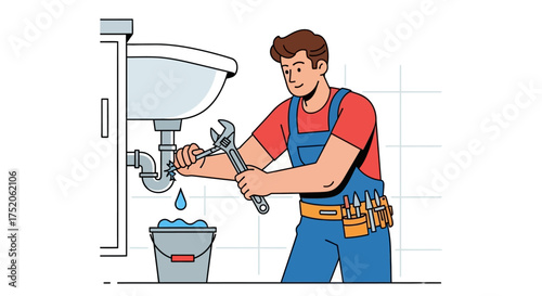 Plumber fixing a leaky sink with a wrench.