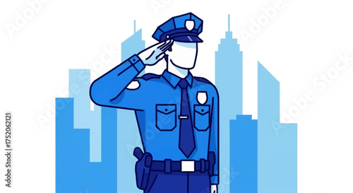 Police officer saluting in city backdrop illustration.