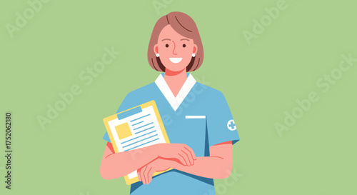 Smiling Nurse Holding Patient Chart in Hospital.
