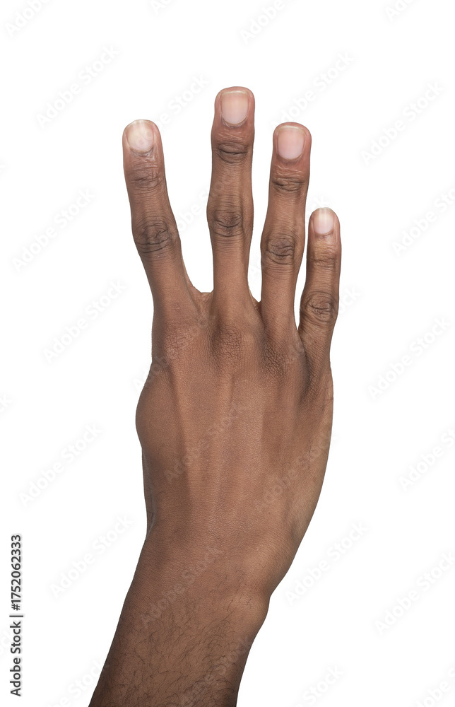 Fototapeta premium Hand with four fingers raised upward, gesture symbolizing number four, expressive human