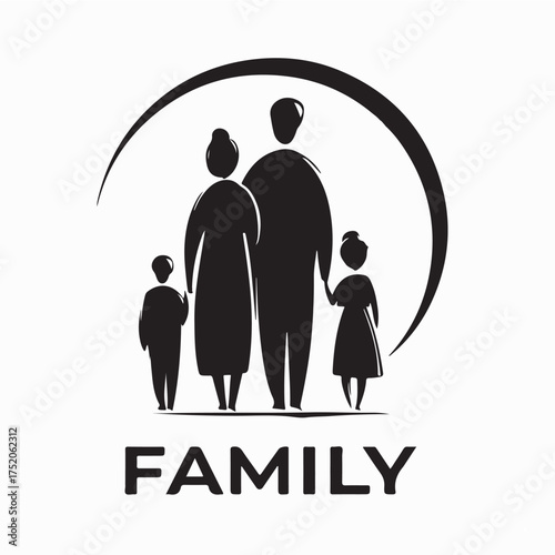 Parents with Two Kids Silhouette Vector Family Logo isolated on white background