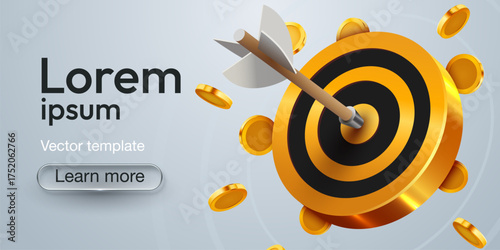 Bullseye target hit with arrow and flying gold coins. Concept of financial success and achieving business goals.