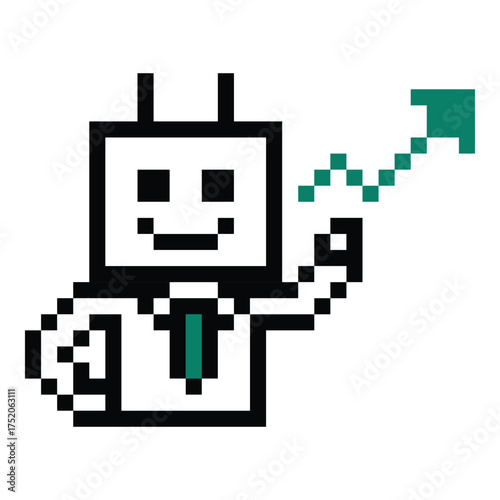 Cartoon pixel art of humanoid robot or ai learning robotic chat bot machine business vector character automation background 8 bit artificial intelligence.