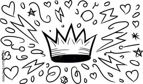 Hand drawn crown surrounded by doodles vector illustration in black and white