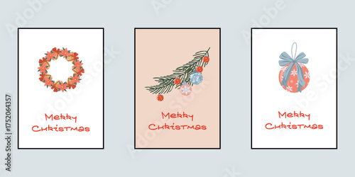 Hand drawn Merry Christmas Posters, Festive Posters Set. Collection of posters. Wreath, Bauble, Twig
