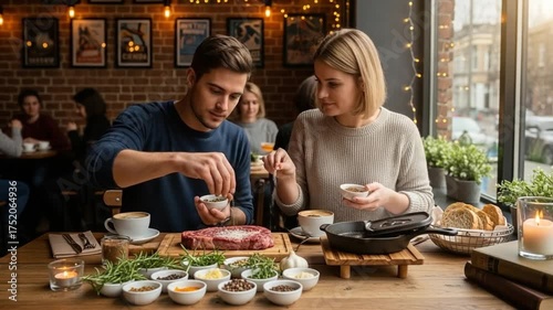 Couple Enjoying a Delicious Steak Dinner at a Cozy Restaurant.