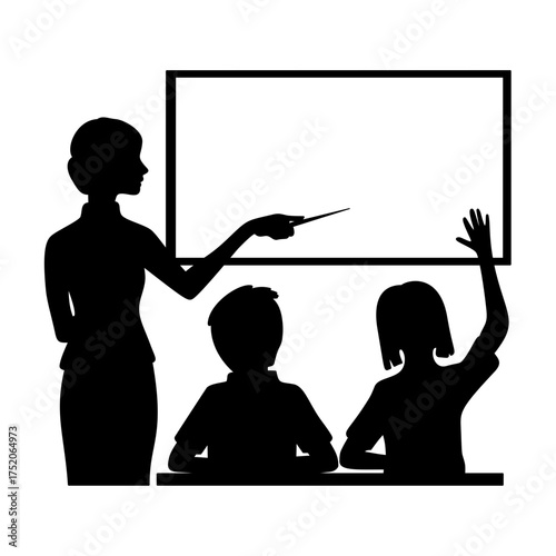Female Teacher with Students Explaining on Blackboard Silhouette Vector Illustration