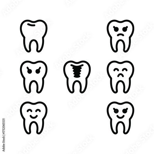 Seven black outline teeth icons with various facial expressions and one with filling tooth dental