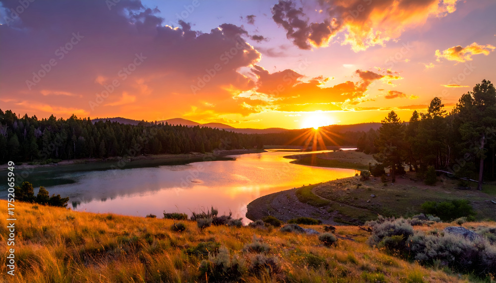 Fototapeta premium Vibrant Golden Sunset Reflection Over Serene Lake Surrounded by Lush Green Forest and Meadow with Dramatic Clouds in Warm Orange and Yellow Sky