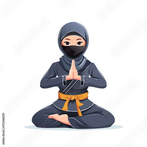 Ninja Meditating Peacefully: A serene ninja sits in a meditative pose, embodying focus and tranquility. Her hands are delicately placed, the image conveying a sense of inner peace. 