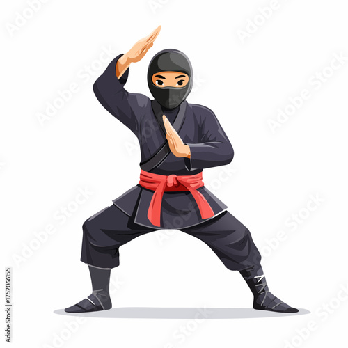 Stealthy Ninja Warrior in Position: A masked ninja warrior stands poised in a dynamic stance, hands held in a defensive position.
