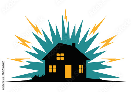 Thunder Lightning Strike House Building Silhouette Illustration, Lightning strike hand drawing vector illustration with house symbol.