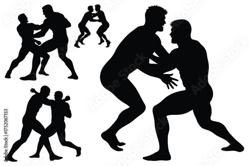 Black silhouettes of wrestlers in various grappling poses
