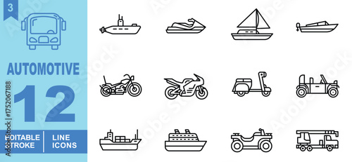 Automotive line Editable Icons set. Vector illustrations in a modern, thin line style of vehicles related icons: bus, motorcycle, container ship, and more.