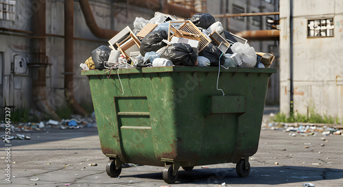 Overflowing Green Dumpster Filled with Trash in Urban Environment