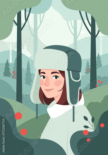 Woman wearing a trapper hat surrounded by a serene forest landscape