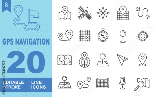 GPS Navigation line Editable Icons set. Vector illustrations in a modern, thin line style of navigation related icons: route with pointer, GPS satellite, wind rose, and more.