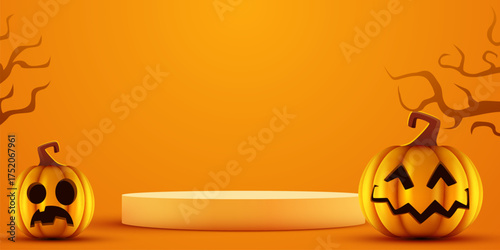Halloween Party banner with spooky pumpkins and a product display stand. Perfect for holiday promotions.