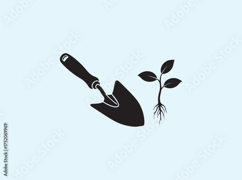 Symbolic Gardening Tool Silhouette with Leaf Isolated on White Background for Green Campaigns
