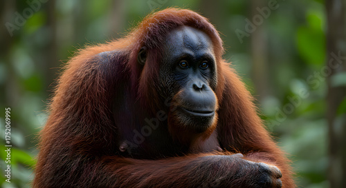 Thoughtful Reddish-Brown Orangutan Sitting Posing Outdoors in Lush Green Forest Environment