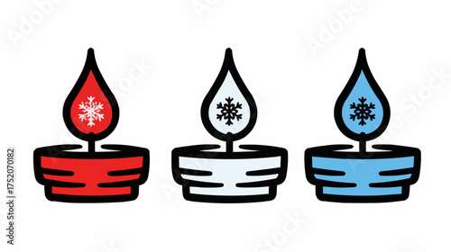 Set of three candle icons with snowflake flames in red and blue colors for winter holiday apps and seasonal projects