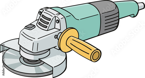 Illustration of a green and gray angle grinder with a yellow handle.