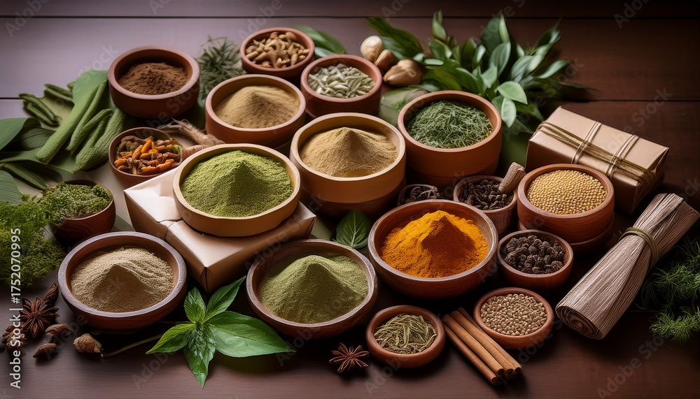 Fototapeta premium ayurvedic herbs and powders arranged in eco friendly packaging