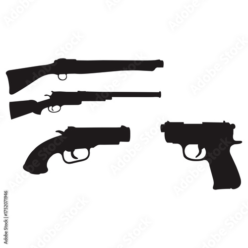 Historical firearm silhouette illustration. Antique weapons collection. Vector set of old pistols and rifles. Black vintage object shapes isolated on white background