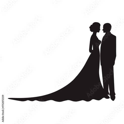 Wedding couple silhouette vector illustration. Bride and groom standing together, romantic love symbol and marriage ceremony design element