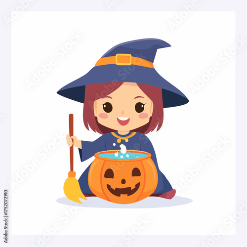 Little witch stirring potion with transparent background