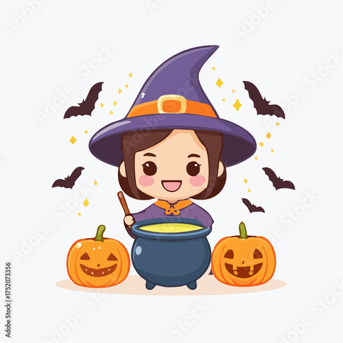 Little witch stirring potion with transparent background