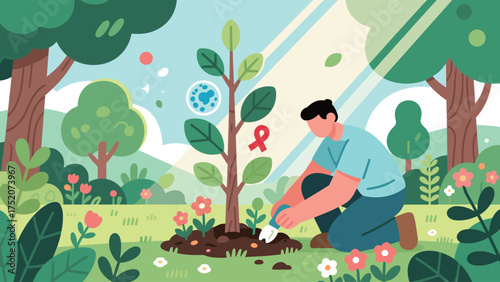 Cultivating Hope Man Plants Tree with Health Symbols