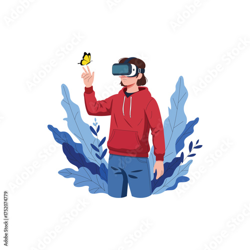 Immersive Virtual Reality Experience Person Interacting with Digital Nature in a Headset