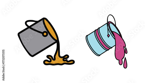 A metal paint buckets pouring colorful liquid streams vector illustration