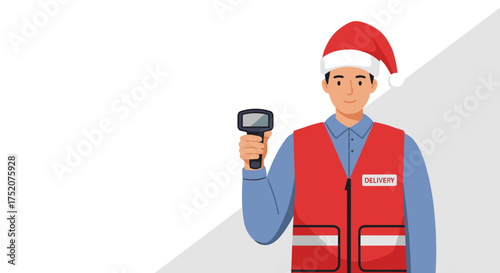 Courier wearing Santa hat holding a barcode scanner in festive attire  