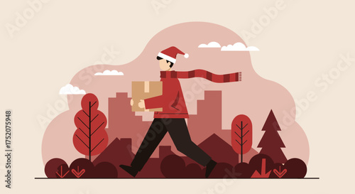 Courier in Santa hat delivering package in winter landscape setting  