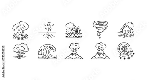 Natural disaster icon set. Thin line icons collection of catastrophe symbols like earthquake, flood, tsunami, tornado, volcano eruption, wildfire, storm, and blizzard.
