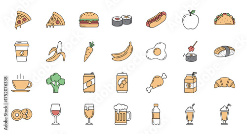 Food and drink icon collection. Big set of line art illustrations with color. Fast food, fruits, vegetables, meals, and beverages. For restaurant menu, web, or mobile app design.