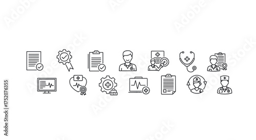 Health insurance and medical services line icon set. Doctor, patient, clinic, hospital symbol. Healthcare, check up, cardiology, medical record vector illustration. Certificate.