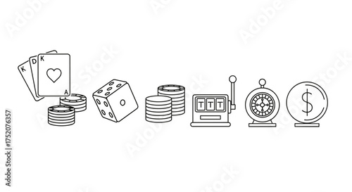 Casino and gambling icon set. Vector line art illustration of poker cards, dice, chips, slot machine, roulette wheel, and money coin for betting and gaming concepts.