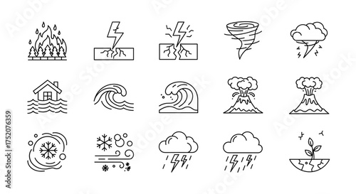 Natural disaster line icon set. Climate change weather catastrophe collection. Wildfire, earthquake, flood, tornado, tsunami, volcano, storm, drought, blizzard vector symbols.
