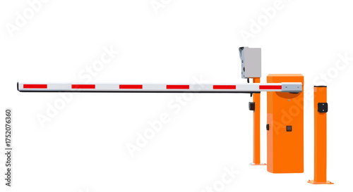 Automatic boom barrier for parking access control. Orange security gate system closed to restrict entry, isolated on a white background. Concept of safety, private property, traffic.