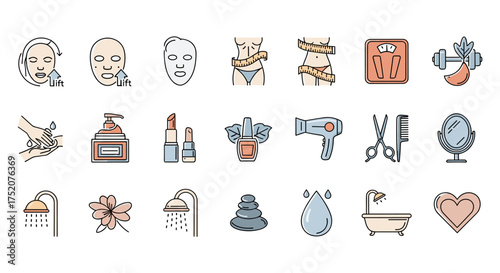 Beauty and spa icon set. Cosmetics, skincare, wellness line icons. Health, fitness, weight loss, and self-care symbols for lifestyle concepts. Vector graphic collection.