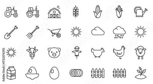 Farming and agriculture vector line icon set. Rural life and harvest symbols. Tractor, barn, cow, pig, sheep, chicken, wheat, corn, egg, milk, sun, shovel, pitchfork.