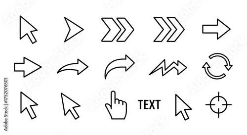 Arrows and cursors line icon set. Collection of pointer symbols for web. Mouse, hand, click, next, refresh, reload, share, direction. UI UX kit for navigation design.
