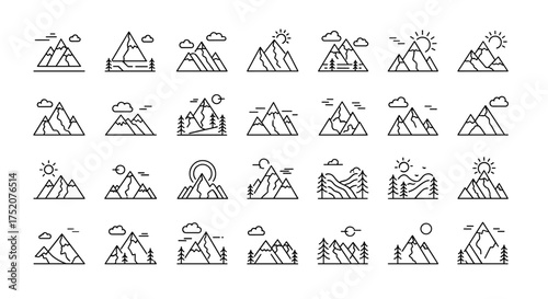 Mountain line icons set. Vector logo and symbol collection for outdoor adventure, travel and hiking. Minimalist nature landscape with peak, sun, trees and clouds.