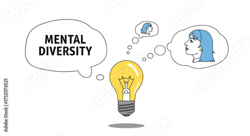 Mental diversity and neurodiversity concept vector. Psychology and mental health idea. Light bulb with woman head silhouette. Different thinking and creative problem solving.