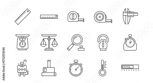 Measurement tools line icon set. Vector measuring instruments for precision work. Ruler, scale, stopwatch, thermometer, and caliper for science, analysis and engineering.