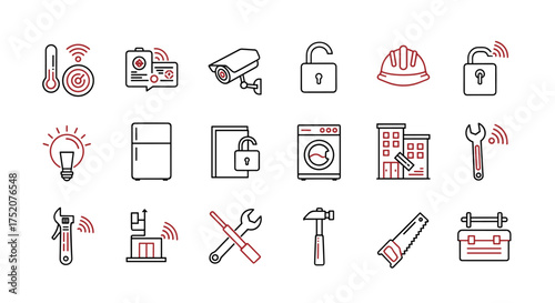 Smart home technology and construction tool icon set. Vector outline symbols for IoT devices, security systems, home automation, building repair and maintenance services.